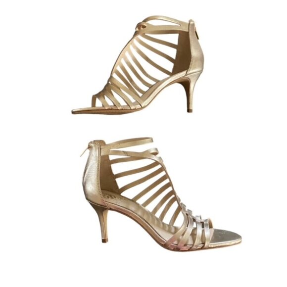 Vince Camuto Petronia Gold Asymmetrical Cage Sandal 9 - Picture 1 of 7